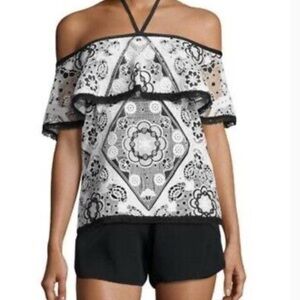 Alexis Black and White Graphic Ruffled Blouse Like New